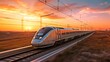 High speed passenger electric train in motion on railroad at sunset. Blurred old commuter train. Railway station against blue sky.