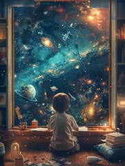 imaginative boy in a room adorned with stars and spacecraft, dreaming about exploring the vast unive