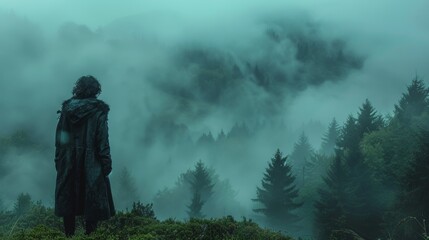 Wall Mural - Person standing in a misty forest