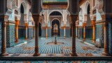 Fototapeta  - FES, MOROCCO - 06.02.2020: Inside courtyard and interior of The Zaouia Moulay Idriss II is shrine or mosque and is dedicated to and tomb of Moulay Idriss II in Fez. Architecture craftsmanship 