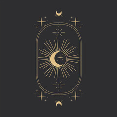 Wall Mural - gold moon with rays celestial tattoo or tarot astrology magic element, stars, burst minimal line bor