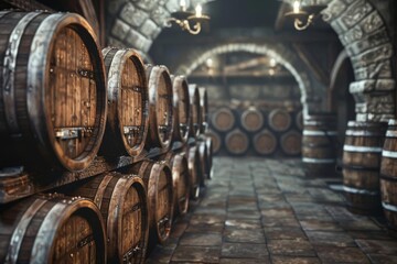 Antique oak wine barrels stacked in old dark cellar, aging cognac whiskey storage, rustic winery interior, 3D render