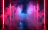 Fototapeta Przestrzenne - Surreal Photography of a hallway lined with 3D neon lights, dimly lit, fog 
