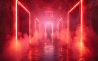 Wall Mural - Surreal Photography of a hallway lined with 3D neon lights, dimly lit, fog 