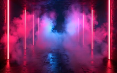 Wall Mural - Surreal Photography of a hallway lined with 3D neon lights, dimly lit, fog 