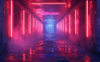 Wall Mural - Surreal Photography of a hallway lined with 3D neon lights, dimly lit, fog 