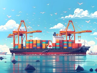 Wall Mural - Automated Container Ship Entering Efficient Smart Port with Cranes Streamlining Global Trade and Logistics