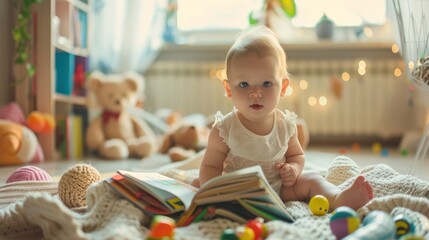 Wall Mural - A baby sitting on a blanket surrounded by toys and books. 