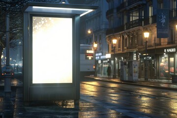 Poster - Blank vertical digital billboard mockup in city street at night, bus stop advertising display, urban background, 3D illustration