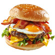 Bacon, cheese and egg morning burger png isolated on transparent background, clipart, cutout.