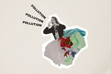 Poster - Abstract creative collage activist woman screaming about planet contamination pollution environmet destruction ecosystem