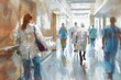 Busy hospital corridor with doctors, nurses and visitors rushing around, dynamic healthcare scene, digital painting