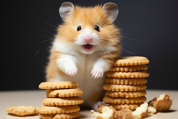 A lovable hamster wearing trendy attire, nibbling on a treat against a clean white background, offering an endearing and professionally captured image.