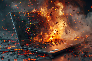 a dell laptop shattering into a thousand pieces and lighting on fire