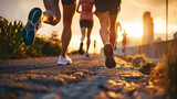 Fototapeta  - close up legs runner group running on sunrise seaside trail