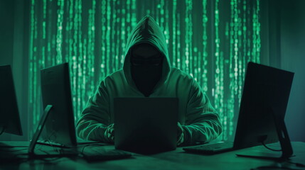 Wall Mural - Hooded figure hacker typing on a laptop with code on the screen, hacker activity in a dark room, matrix