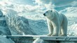 Polar bear is standing on a metal platform with snow-covered mountains in the background. The sky is cloudy, and the bear appears to be staring at something