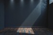Empty minimalist room with dark walls, dramatic chiaroscuro lighting, and wooden floor, product presentation background, digital 3D render