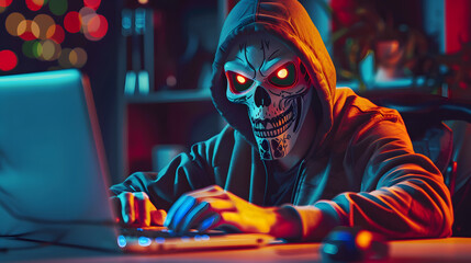 Poster - Anonymous robot hacker with skull mask typing computer laptop. Concept of hacking cybersecurity, cybercrime,