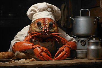 A little red crab in a chef's hat, cooking up a storm on a brown surface.