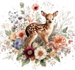 fawn on the flowers watercolor clipart isolated on transparent background