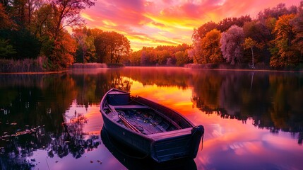 Wall Mural - Autumnal Serenity A Paddle Boat on a Lake at Sunset Generative AI