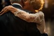 Close-up of a senior couple sharing a loving embrace, highlighting the delicate lace sleeve of a wedding dress.