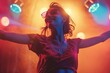 Dancing Under Neon Lights: Attractive Woman Moves to the Beat at Music Festival Party Generative Ai