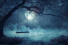 Lonely Wooden Swing Hanging From Tree Branch In Moonlit Night, Dreamy Fantasy Landscape Digital Painting