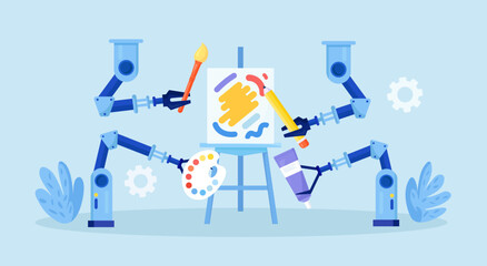 Robot painting to create artwork. Artificial intelligence generating stunning works of art. AI technologies in hobbies. Robotic arm create a painting art controlled by a computer algorithm