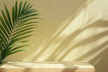 Poster - Minimal Natural Wood Podium with Green Palm Leaf and Sunlight Background