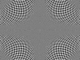 Fototapeta  - Wypukła geometryczna tekstura 3d w lustrzanym odbiciu podzielona na cztery wybrzuszone sferyczne strefy o wzorze biało - czarnej szachownicy. Abstrakcyjne tło