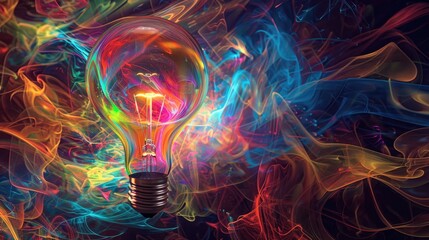 Wall Mural - Colorful glowing light bulb lamp, visualization of brainstorming, bright idea and creative thinking and imagination, finding solution concept background