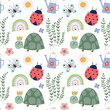 Childish seamless pattern with cute design for kids, turtles, ladybirds, butterflies and rainbows