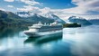 A large cruise ship sails in calm waters, with snow-capped mountains in the background