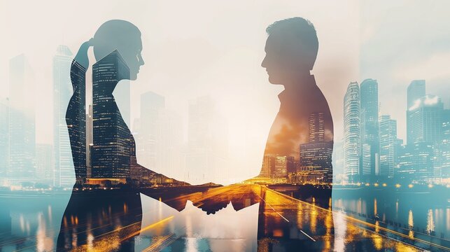 Two business people, a man and a woman, double exposure, scene shaking hands and discussing business cooperation in front of city office building, successful cooperation in business deal, corporate te