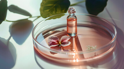 Sticker - Face serum, oil, beauty product and flower in Petri dish. Natural medicine, bio research concept