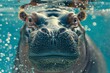 Smiling hippo swimming in clear blue water, close-up portrait with water drops on skin, digital art