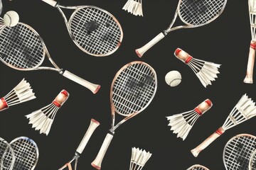 Wall Mural - Seamless watercolor pattern - Badminton rackets and shuttlecocks on black background