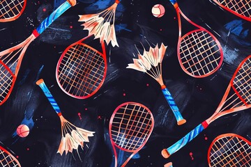 Wall Mural - Seamless watercolor pattern - Badminton rackets and shuttlecocks on black background