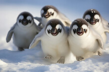 A Group Of Energetic Baby Penguins Sliding Down A Snowy Slope, Their Joyful Expressions Captured In A Moment Of Pure Delight Against A Polar Backdrop.