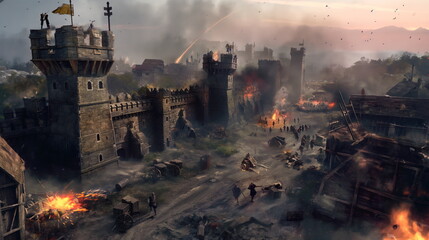 Sticker - Siege of Stronghold. Catapults and Siege Towers Engaged in Desperate Assault Castle