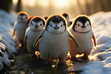 A Group Of Baby Penguins Wearing Tuxedos, Sliding Down An Icy Slope On A Cool Grey Background.