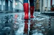 Red rubber boots splashing in rain puddle on city street, joyful lifestyle moment
