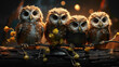 A group of baby owlets perched on a branch, their wide eyes and fluffy plumage creating an enchanting nocturnal scene in the world of raptors.