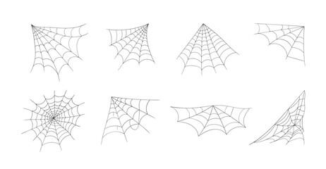 Halloween cobweb, frames and borders, scary elements for decoration. Hand drawn spider web or cobweb. Line art, sketch style spider web elements, spooky, scary image. Vector illustration