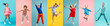 Full-length, Collage made of different children, boys and girls in motion, jumping, playing against multicolored background. Concept of childhood, kid's emotions, lifestyle, friendship