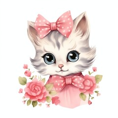 Watercolor illustration of cute vintage kitty portrait