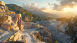 A panoramic view of a marble quarry at sunrise, the rugged landscape bathed in golden light, hinting at the treasures hidden within.