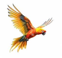 Wall Mural - yellow aratinga parrot flies on a white background isolated